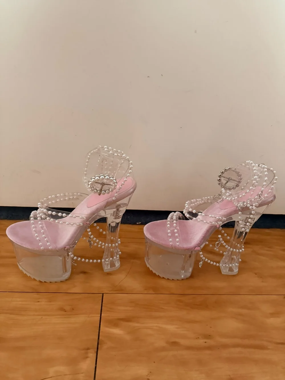 Dolls Kill Holy Revelation Pearl-Embellished Pink Platform Heels